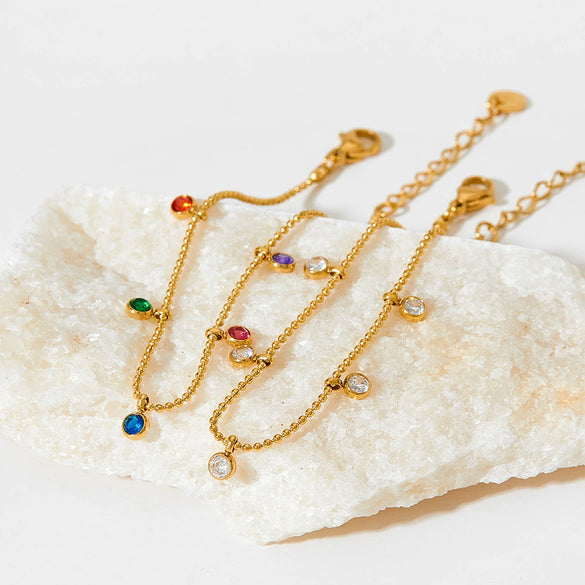 Women's Rainbow Candy Zircon Geometric Pendant Stainless Steel Bracelet With Exquisite Thin Chain And Electroplating