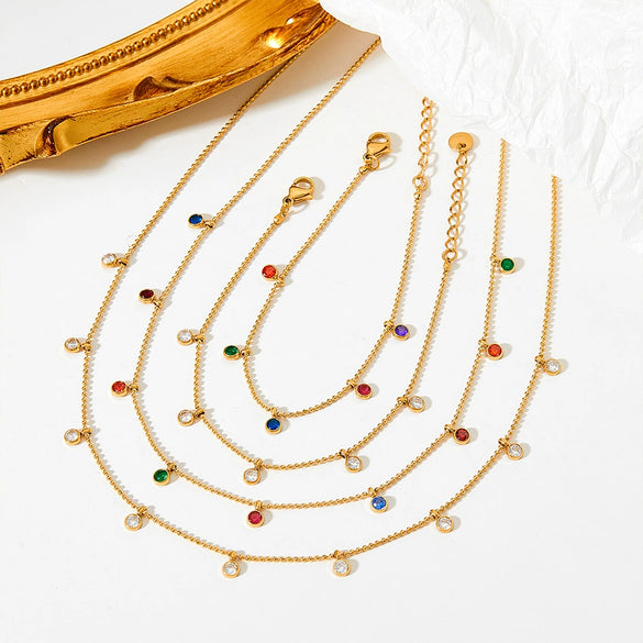 Women's Rainbow Candy Zircon Geometric Pendant Stainless Steel Bracelet With Exquisite Thin Chain And Electroplating