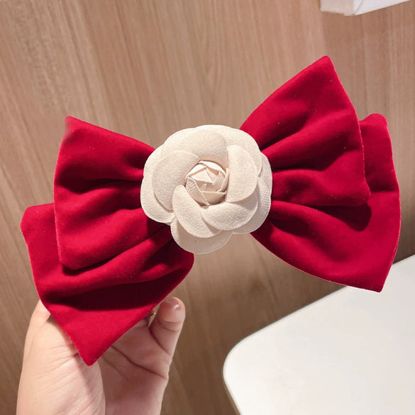 Women's Red And Black Velvet Bow Handmade Hairpin Headwear Spring Clip