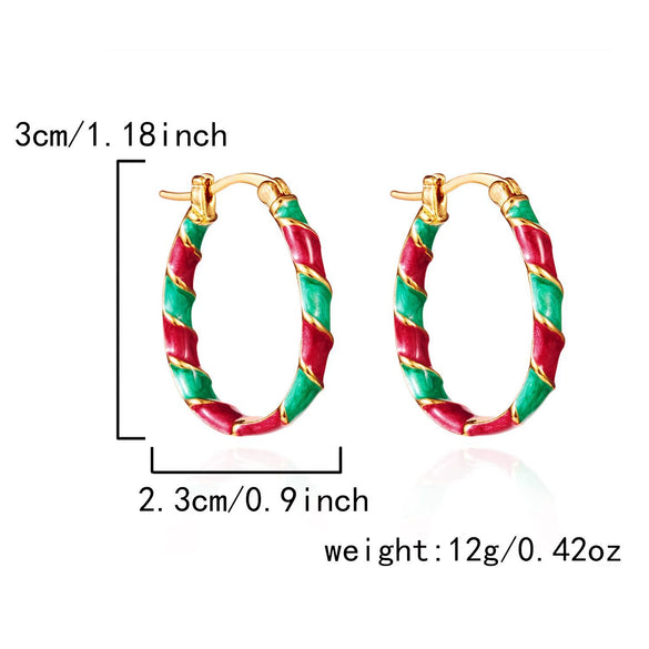 Women’s Red And Green Contrast Twisted Hoop Earrings Geometric Circle Design Electroplated Alloy Statement Jewelry