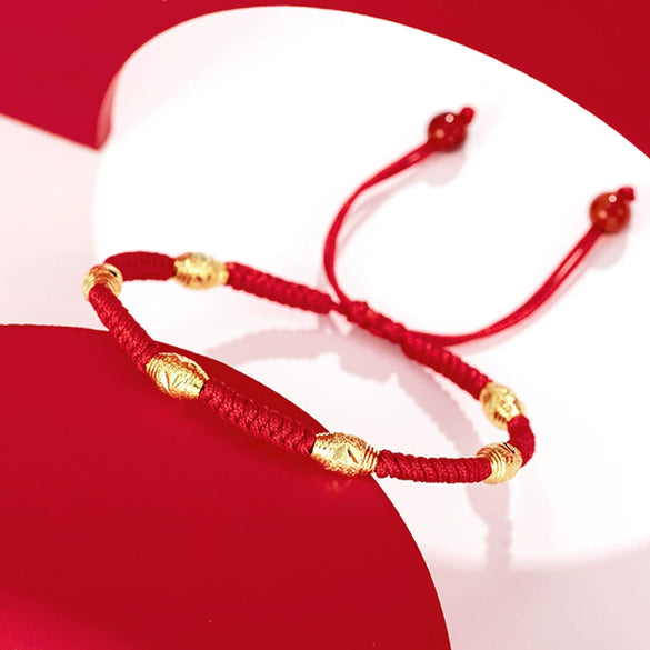 Women's Red Cord Bracelet With Dragon Knot Geometric Hollow Beads And Handwoven Detail