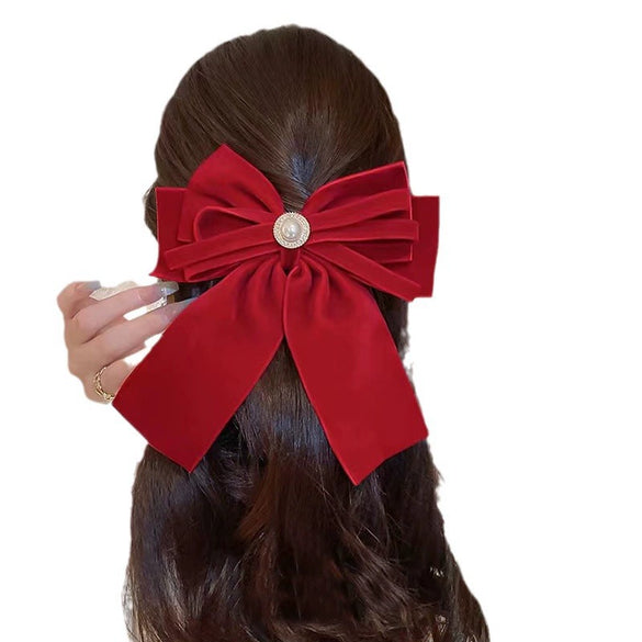 Women's Red Velvet Bow Handmade Hairpin Horizontal Clip For Autumn And Winter Hair Accessories