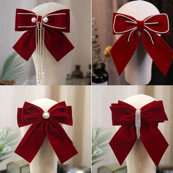 Women's Red Velvet Bow Handmade Hairpin Horizontal Clip For Autumn And Winter Hair Accessories