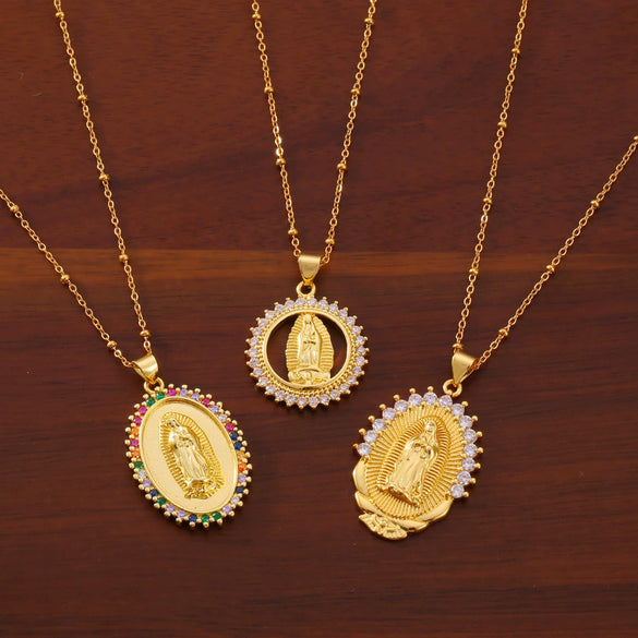 Women's Religious Jewelry Copper Pendant Necklace With Colorful Zircon Electroplated In Geometric Design
