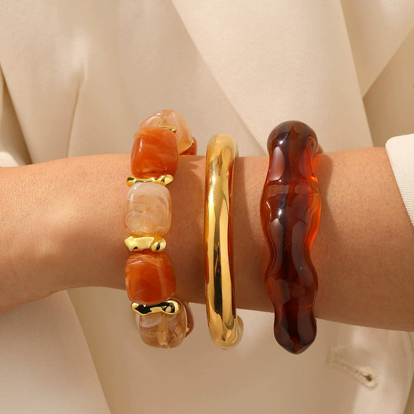 Women's Resin Jewelry Set With Geometric Bracelet Ring And Amber Colored Earrings Electroplated Ins Style Accessories