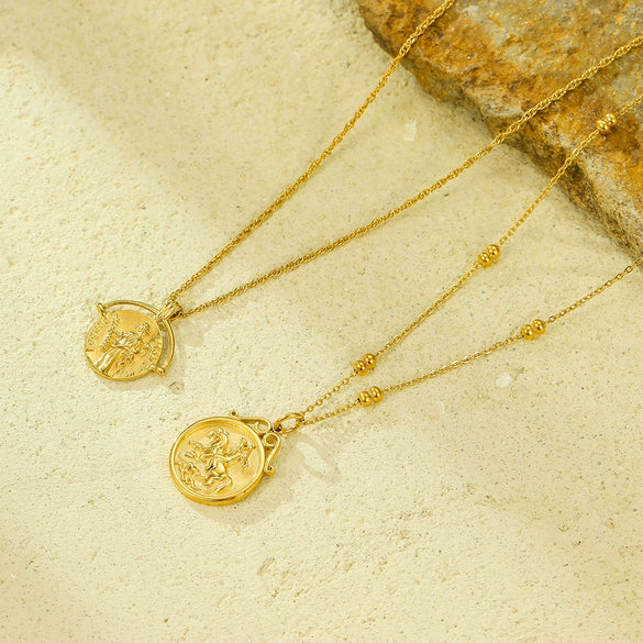 Women's Retro Abstract Art Coin Pendant Stainless Steel Goldplated Necklace