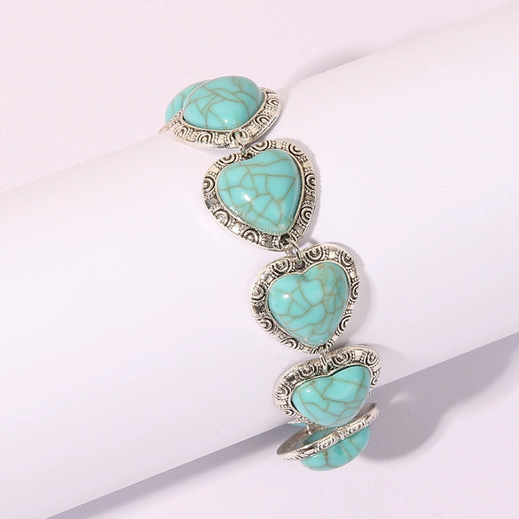 Women's Retro Alloy Heart Bracelet With Turquoise Diamond Cut Detail Vintage Style Hand Jewelry