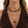 Women's Retro Amber Tiger's Eye Beaded Necklace With Plated Alloy Heart Pendant And Layered Geometric Design