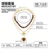 Women's Retro Amber Tiger's Eye Beaded Necklace With Plated Alloy Heart Pendant And Layered Geometric Design