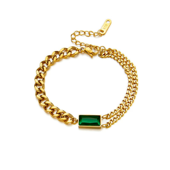 Women's Retro Asymmetric Square Metal Green Diamond Titanium Steel Electroplated Jewelry Bracelet