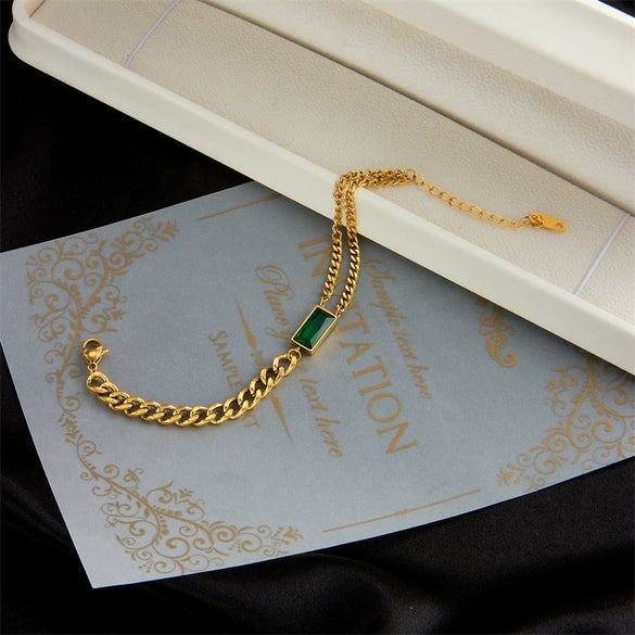 Women's Retro Asymmetric Square Metal Green Diamond Titanium Steel Electroplated Jewelry Bracelet
