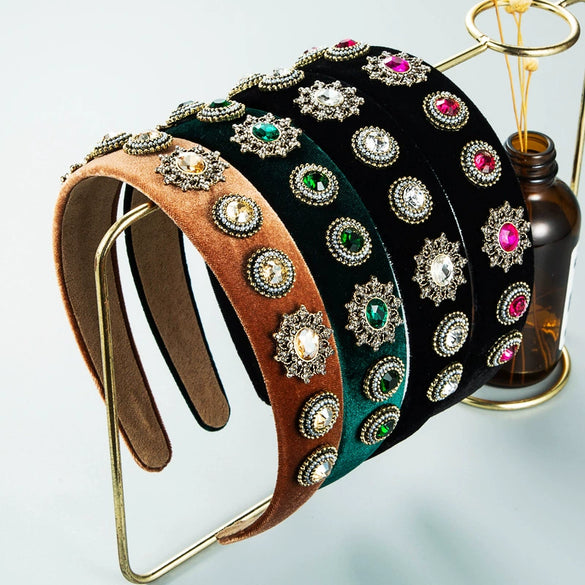 Women's Retro Baroque Cloth Headband With Diamond Embellishment Wide Fashion Hair Accessory For Wholesale