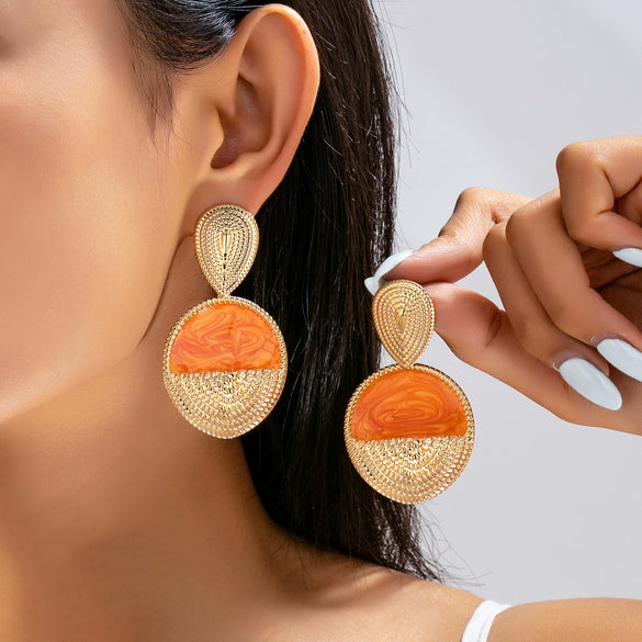 Women's Retro Blue Droplet Geometric Floral Textured Iron Alloy Patchwork Statement Earrings With Electroplated Finish And Stainless Steel Posts