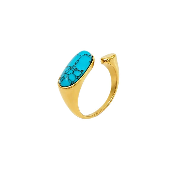 Women's Retro Blue Turquoise Geometric Open Ring In Stainless Steel With Electroplated Finish Adjustable Jewelry Accessory