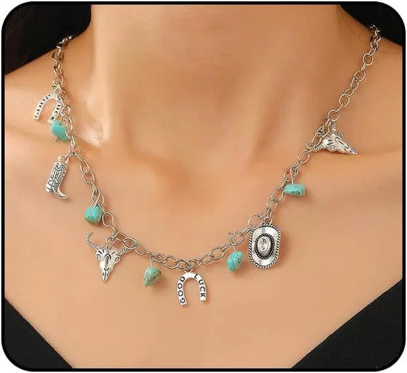 Women's Retro Bohemian Copper Beaded Necklace With Imitation Turquoise Animal Zodiac Pendant Electroplated Fashion Jewelry