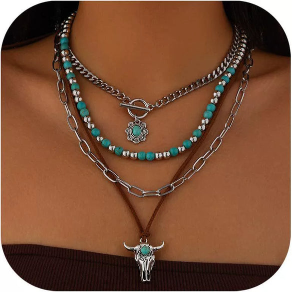 Women's Retro Bohemian Copper Beaded Necklace With Imitation Turquoise Animal Zodiac Pendant Electroplated Fashion Jewelry