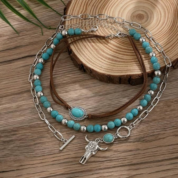 Women's Retro Bohemian Copper Beaded Necklace With Imitation Turquoise Animal Zodiac Pendant Electroplated Fashion Jewelry