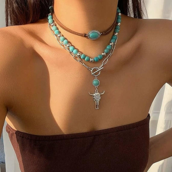 Women's Retro Bohemian Copper Beaded Necklace With Imitation Turquoise Animal Zodiac Pendant Electroplated Fashion Jewelry