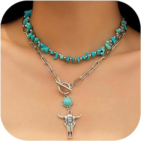 Women's Retro Bohemian Copper Beaded Necklace With Imitation Turquoise Animal Zodiac Pendant Electroplated Fashion Jewelry