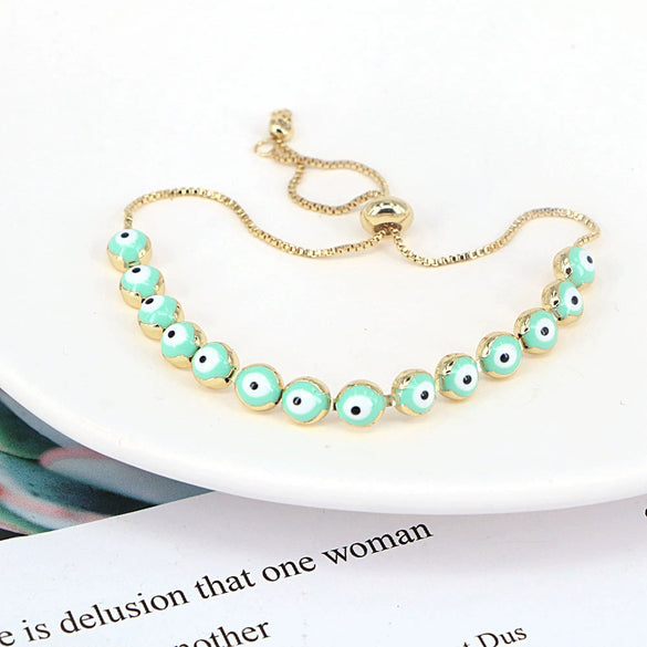 Women's Retro Bohemian Mixed Color Evil Eye Geometric Copper Bracelet With Electroplated Finish Adjustable Fashion Bracelet