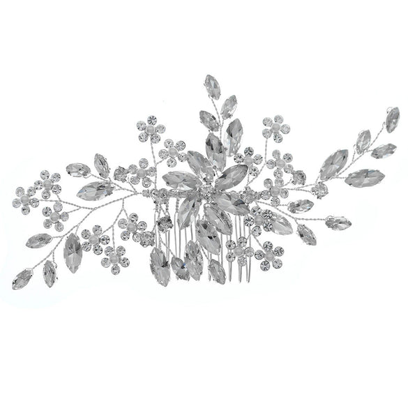 Women's Retro Bridal Wedding Hair Comb With Handmade Flower Design And Marquise Rhinestone Embellishments