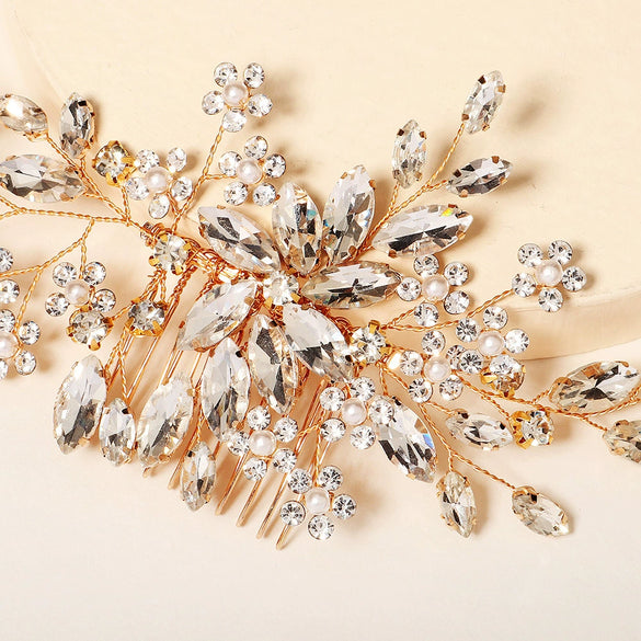 Women's Retro Bridal Wedding Hair Comb With Handmade Flower Design And Marquise Rhinestone Embellishments