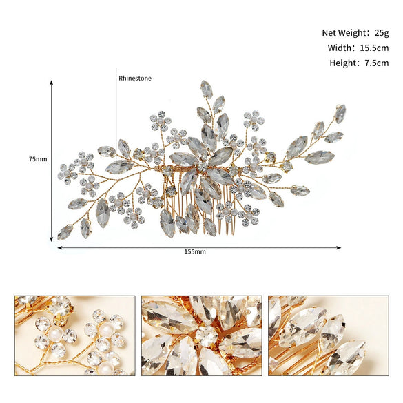 Women's Retro Bridal Wedding Hair Comb With Handmade Flower Design And Marquise Rhinestone Embellishments