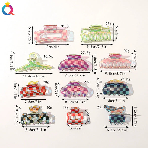 Women's Retro Checkerboard Acetate Shark Clip Hairpin Colorful Plaid Handmade Hair Accessory For Updos