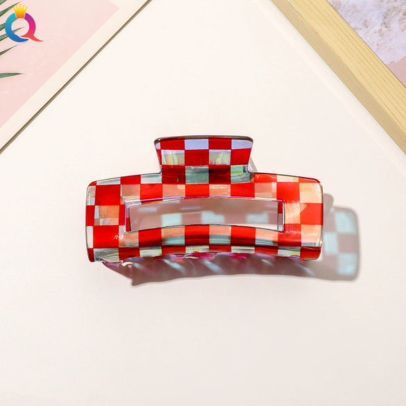 Women's Retro Checkerboard Acetate Shark Clip Hairpin Colorful Plaid Handmade Hair Accessory For Updos