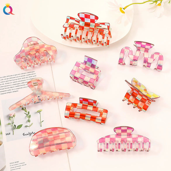 Women's Retro Checkerboard Acetate Shark Clip Hairpin Colorful Plaid Handmade Hair Accessory For Updos