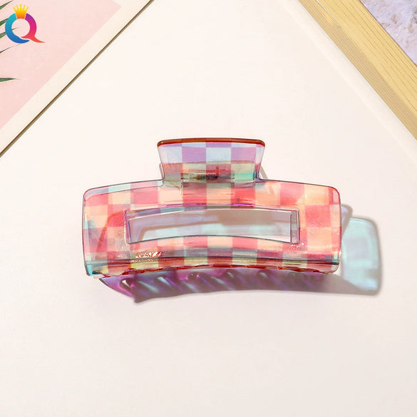 Women's Retro Checkerboard Acetate Shark Clip Hairpin Colorful Plaid Handmade Hair Accessory For Updos