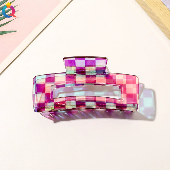 Women's Retro Checkerboard Acetate Shark Clip Hairpin Colorful Plaid Handmade Hair Accessory For Updos