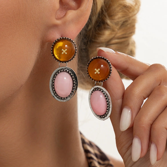 Women's Retro Colorblock Tiedye Oval Resin Stud Earrings Electroplated Alloy Geometric Jewelry With Steel Posts