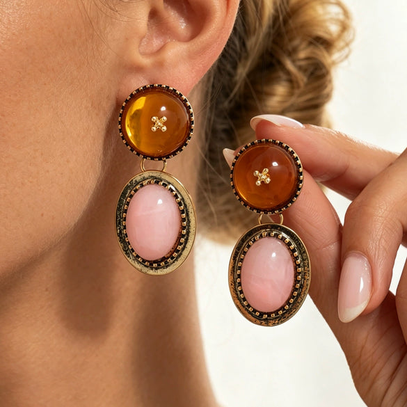 Women's Retro Colorblock Tiedye Oval Resin Stud Earrings Electroplated Alloy Geometric Jewelry With Steel Posts