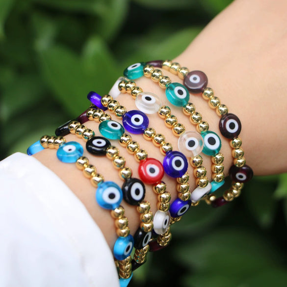 Women's Retro Copper Beaded Bracelet With Glass Devil Eye Geometric Facial Expression Design Electroplated Fashion Jewelry