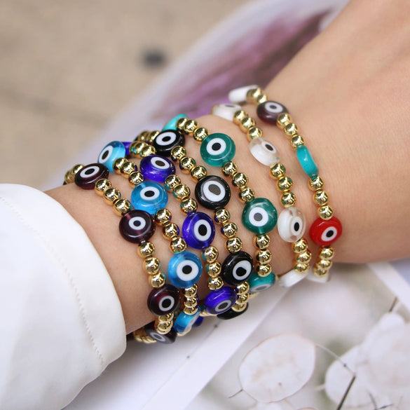 Women's Retro Copper Beaded Bracelet With Glass Devil Eye Geometric Facial Expression Design Electroplated Fashion Jewelry