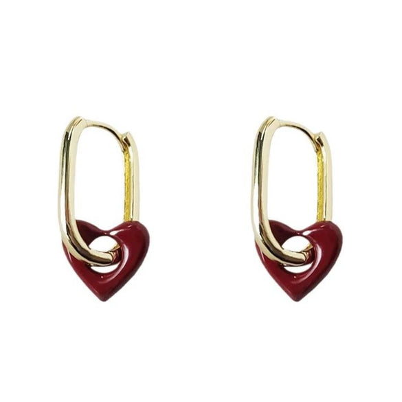 Women's Retro Copper Heart Earrings With White Lily And Red Love Motif Electroplated French Style Fashion Ear Buckle Jewelry