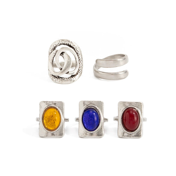 Women's Retro Distressed Alloy Geometric Open Ring With Colorful Oval Resin Gemstone And Adjustable Design