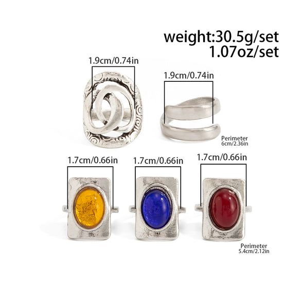 Women's Retro Distressed Alloy Geometric Open Ring With Colorful Oval Resin Gemstone And Adjustable Design