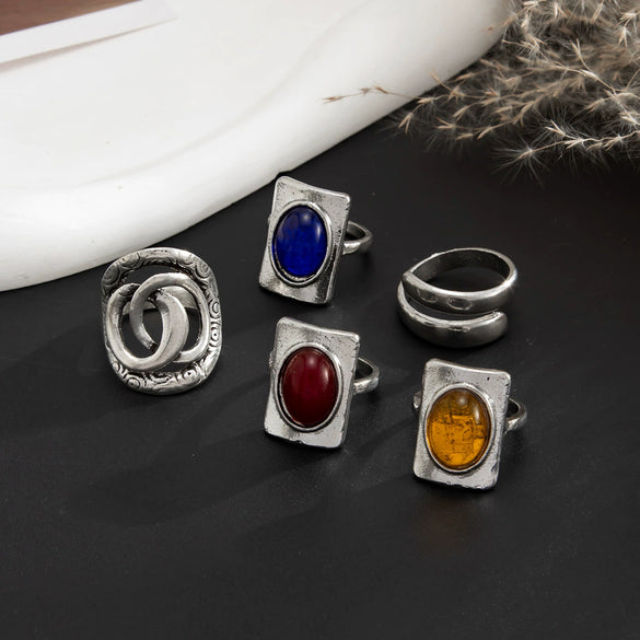 Women's Retro Distressed Alloy Geometric Open Ring With Colorful Oval Resin Gemstone And Adjustable Design