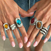 Women's Retro Distressed Wideface Stacked Geometric Ring With Resin Gemstone Inlay And Plated Alloy Finish