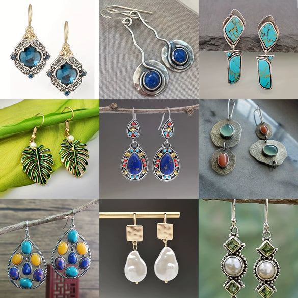 Women's Retro Drop Shape Natural Stone And Green Crystal Earrings Zinc Alloy Enamel Jewelry