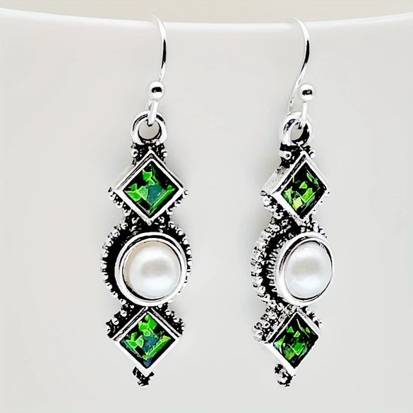Women's Retro Drop Shape Natural Stone And Green Crystal Earrings Zinc Alloy Enamel Jewelry