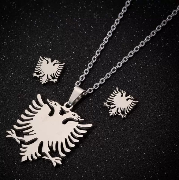 Women's Retro Eagle Pendant Stainless Steel Necklace And Earrings Set With Electroplated Finish And O Chain