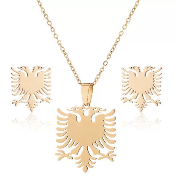 Women's Retro Eagle Pendant Stainless Steel Necklace And Earrings Set With Electroplated Finish And O Chain