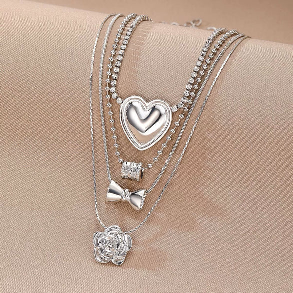 Women's Retro Electroplated Alloy Rose Heart Bow Geometric Multilayer Snake Chain Necklace Set