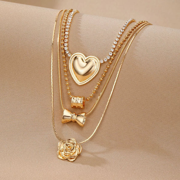 Women's Retro Electroplated Alloy Rose Heart Bow Geometric Multilayer Snake Chain Necklace Set