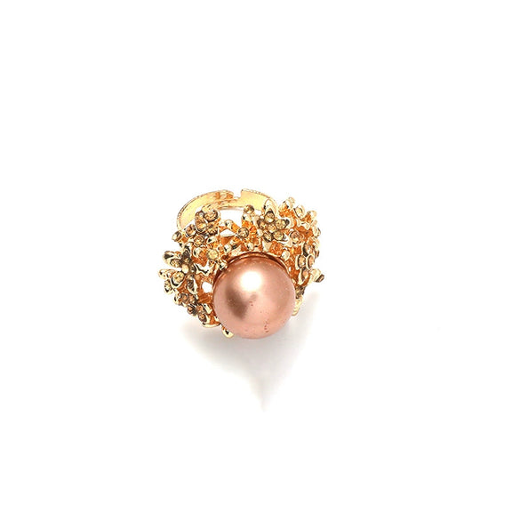 Women's Retro Fashion Alloy Flower Ring With Pearl Inlay Adjustable Open Band Simple Elegant Trendy Statement Jewelry