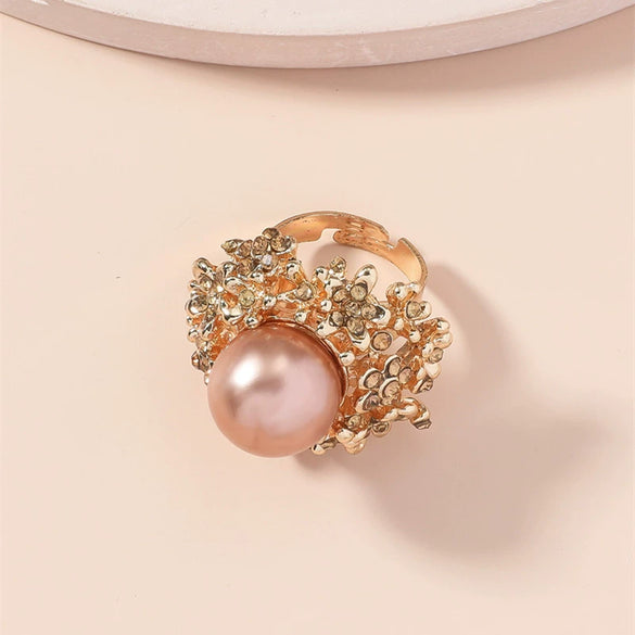 Women's Retro Fashion Alloy Flower Ring With Pearl Inlay Adjustable Open Band Simple Elegant Trendy Statement Jewelry