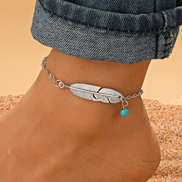 Women's Retro Fashion Hollow Leaf Alloy Feather Anklet
